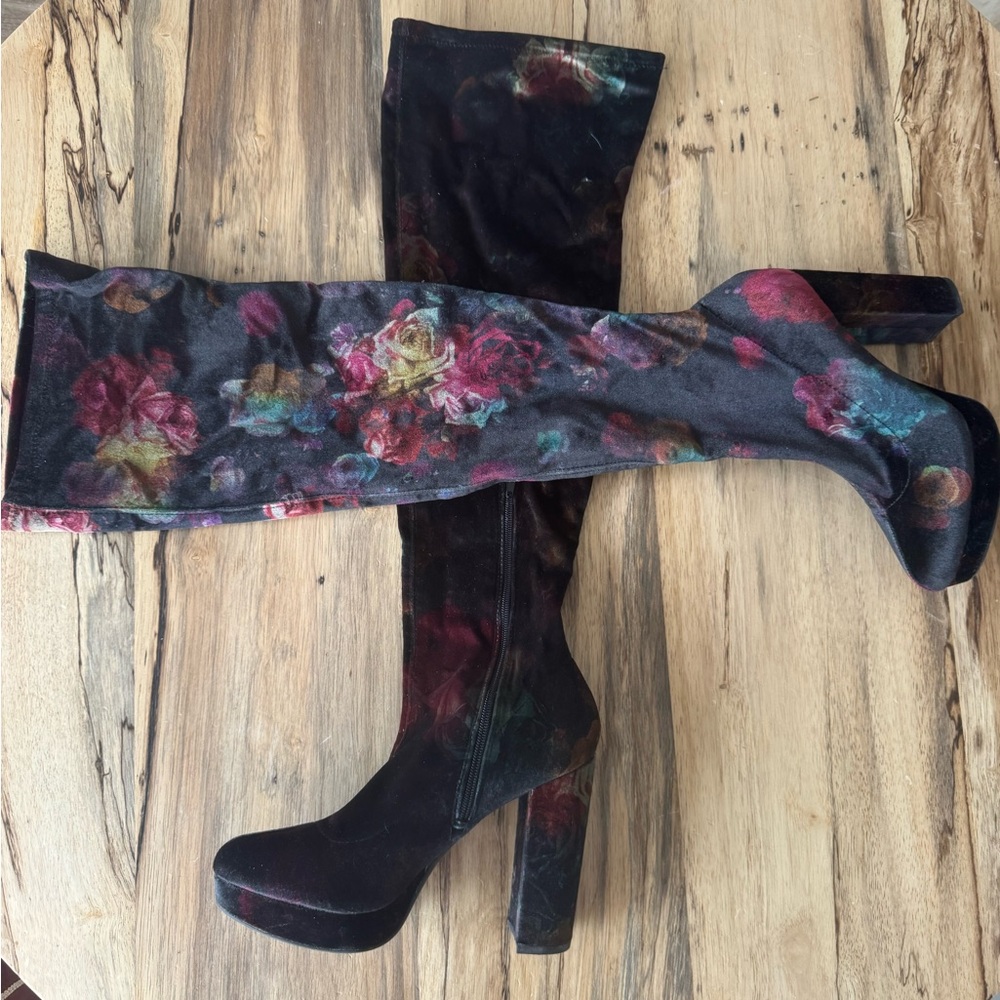 Madden Girl “Groupie” Floral Over-the-Knee Velvet Boots - Black Multicolor